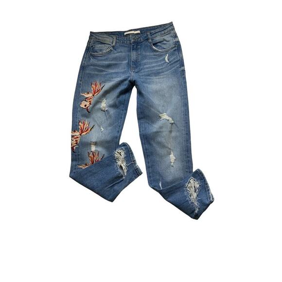 Zara Trafaluc Jeans Womens Size 6 Embroidered Floral Distressed Blue Denim - Picture 3 of 12